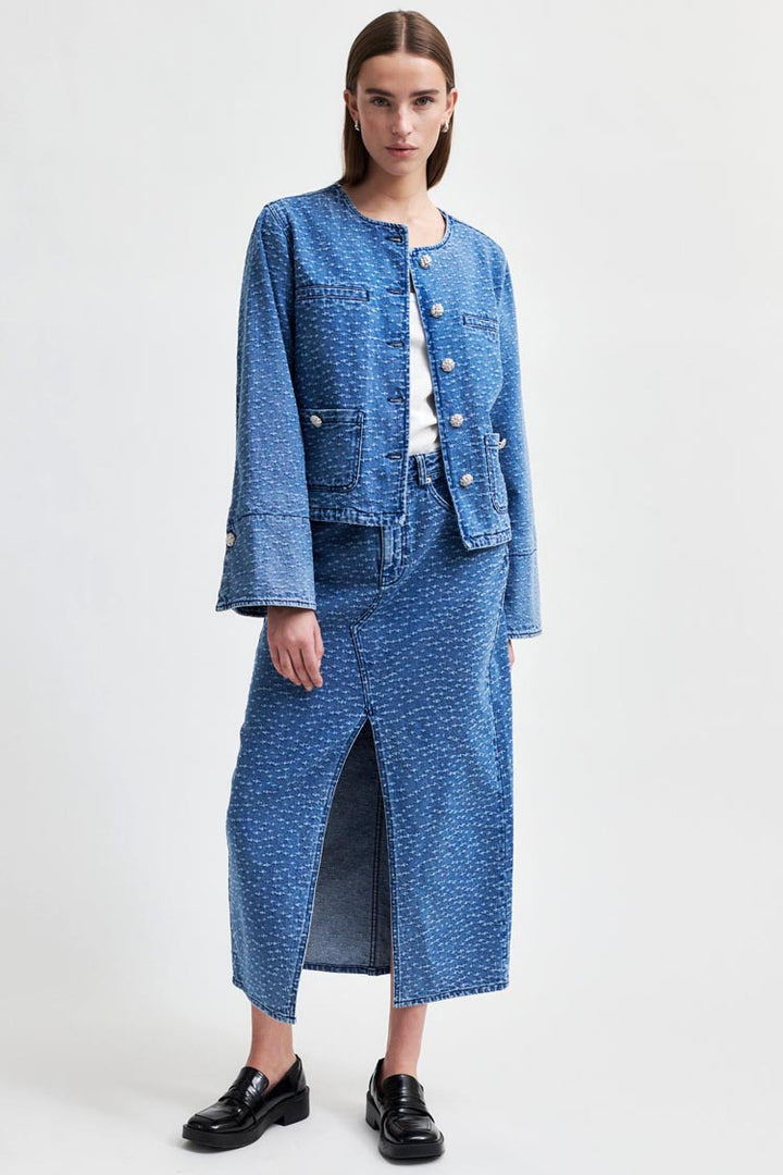 Angola Collarless Button Front Denim Jacket