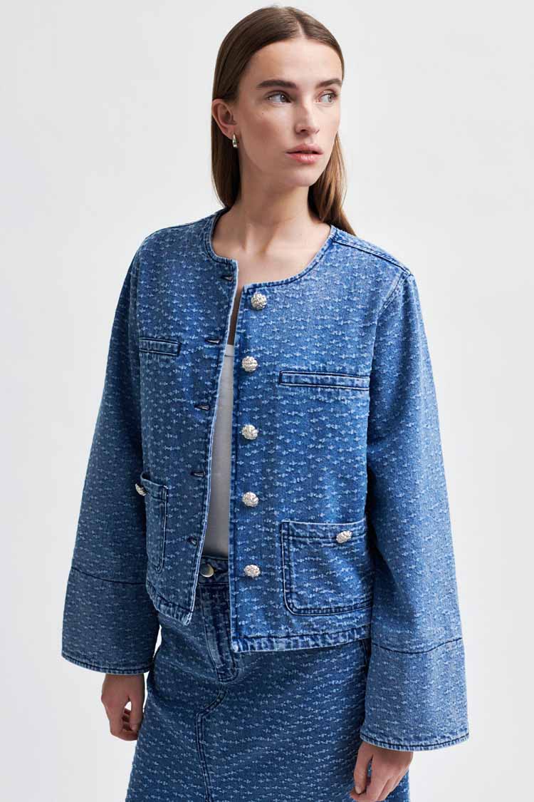 Angola Collarless Button Front Denim Jacket