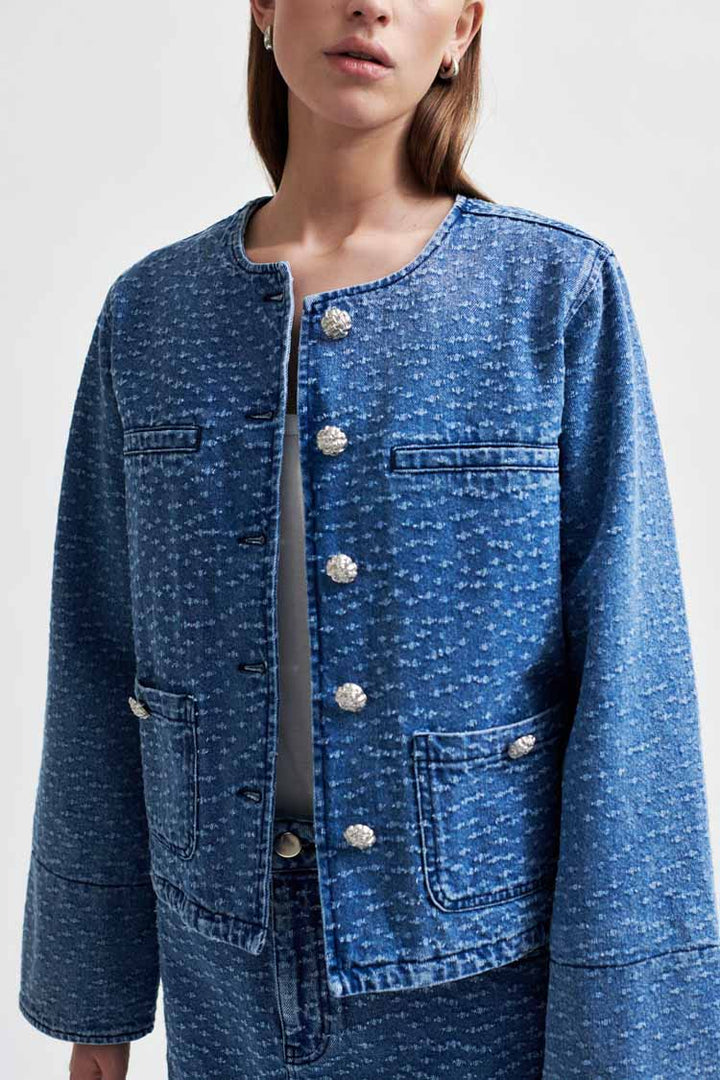 Angola Collarless Button Front Denim Jacket