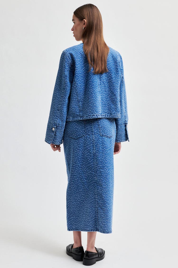 Angola Collarless Button Front Denim Jacket