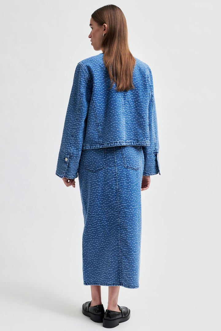 Angola Collarless Button Front Denim Jacket