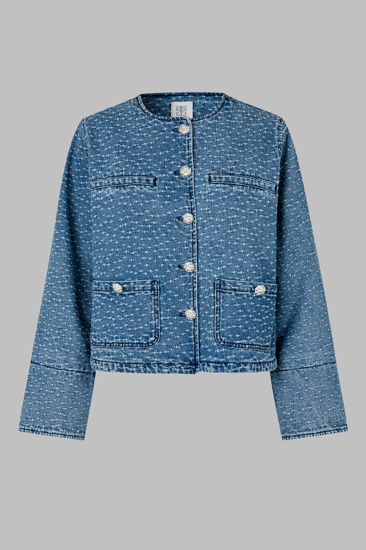 Angola Collarless Button Front Denim Jacket