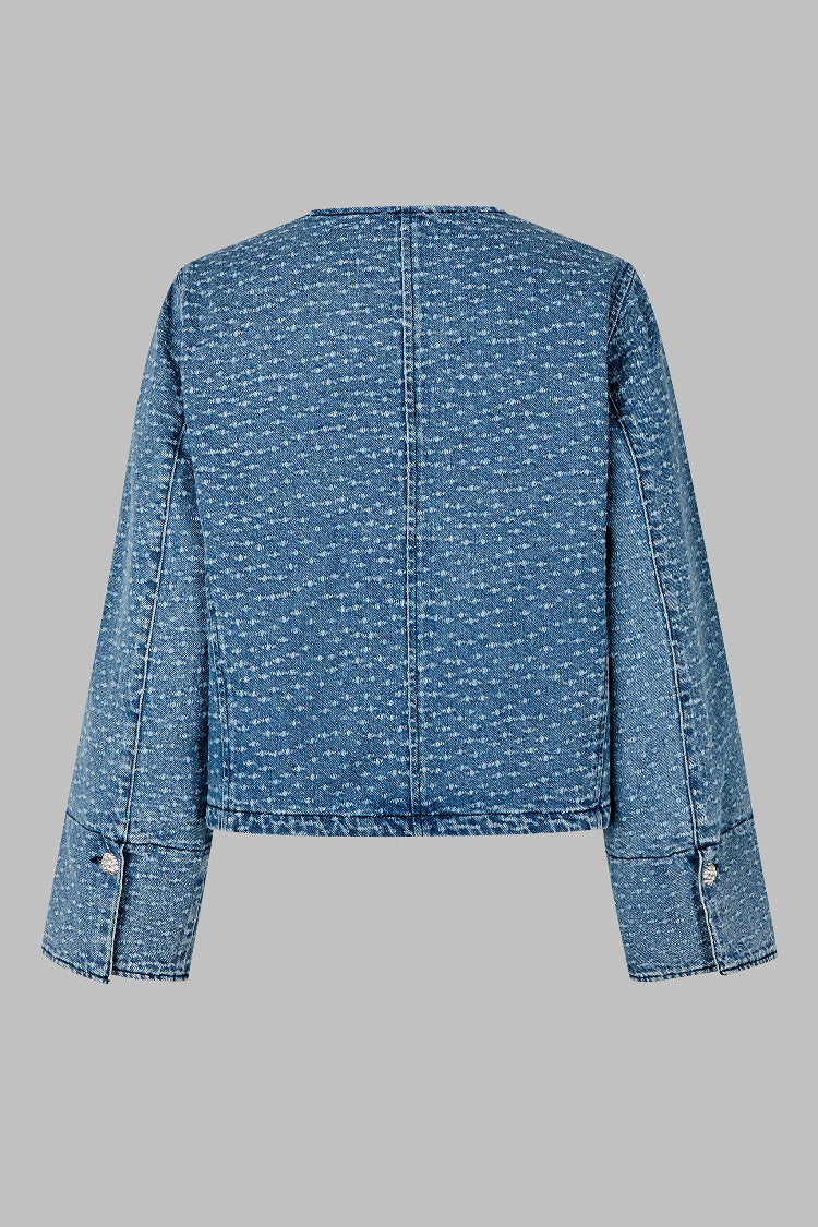 Angola Collarless Button Front Denim Jacket