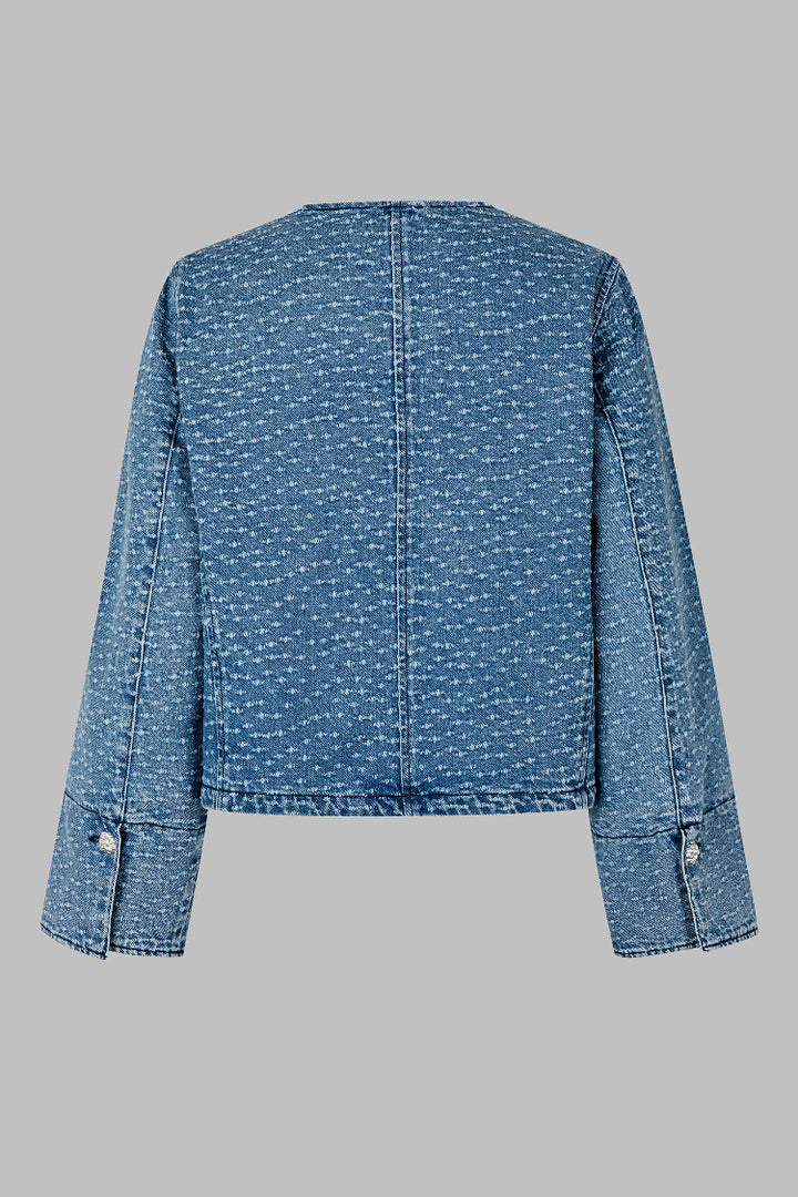 Angola Collarless Button Front Denim Jacket