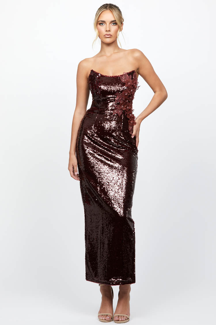 Edith Scoop Strapless Midaxi Dress in Maroon Red – Frockaholics at Momento  Dezigns