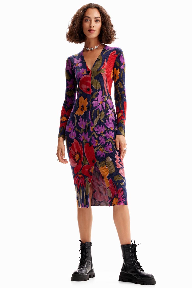 Floral Knit LS Midi Dress in Purple