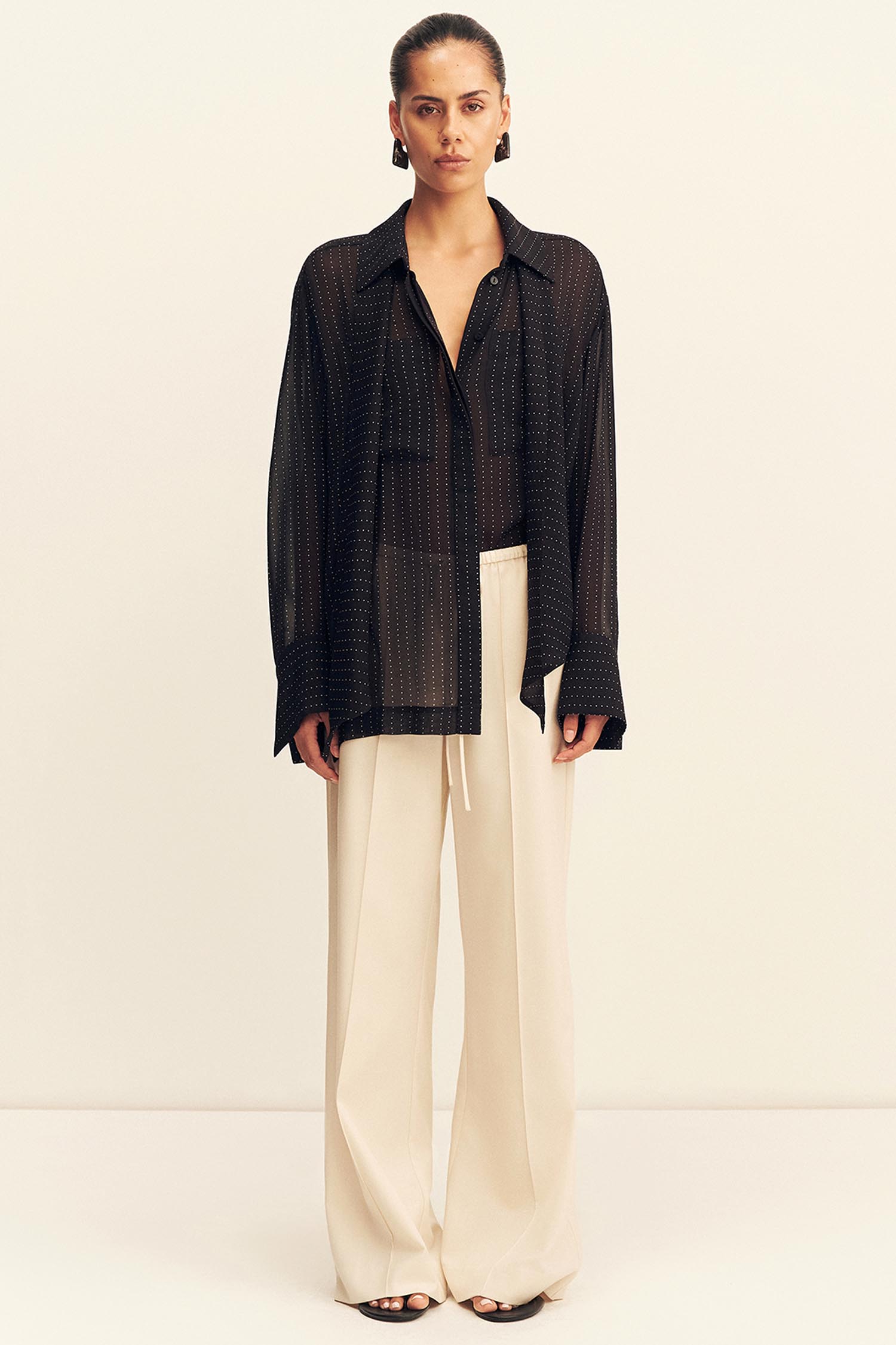 Irving Polka Dot Sheer Shirt in Black Polka Stripe by Shona Joy