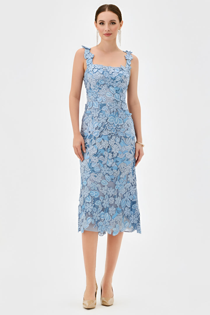Jayde Square Neck Midi Dress in Blue