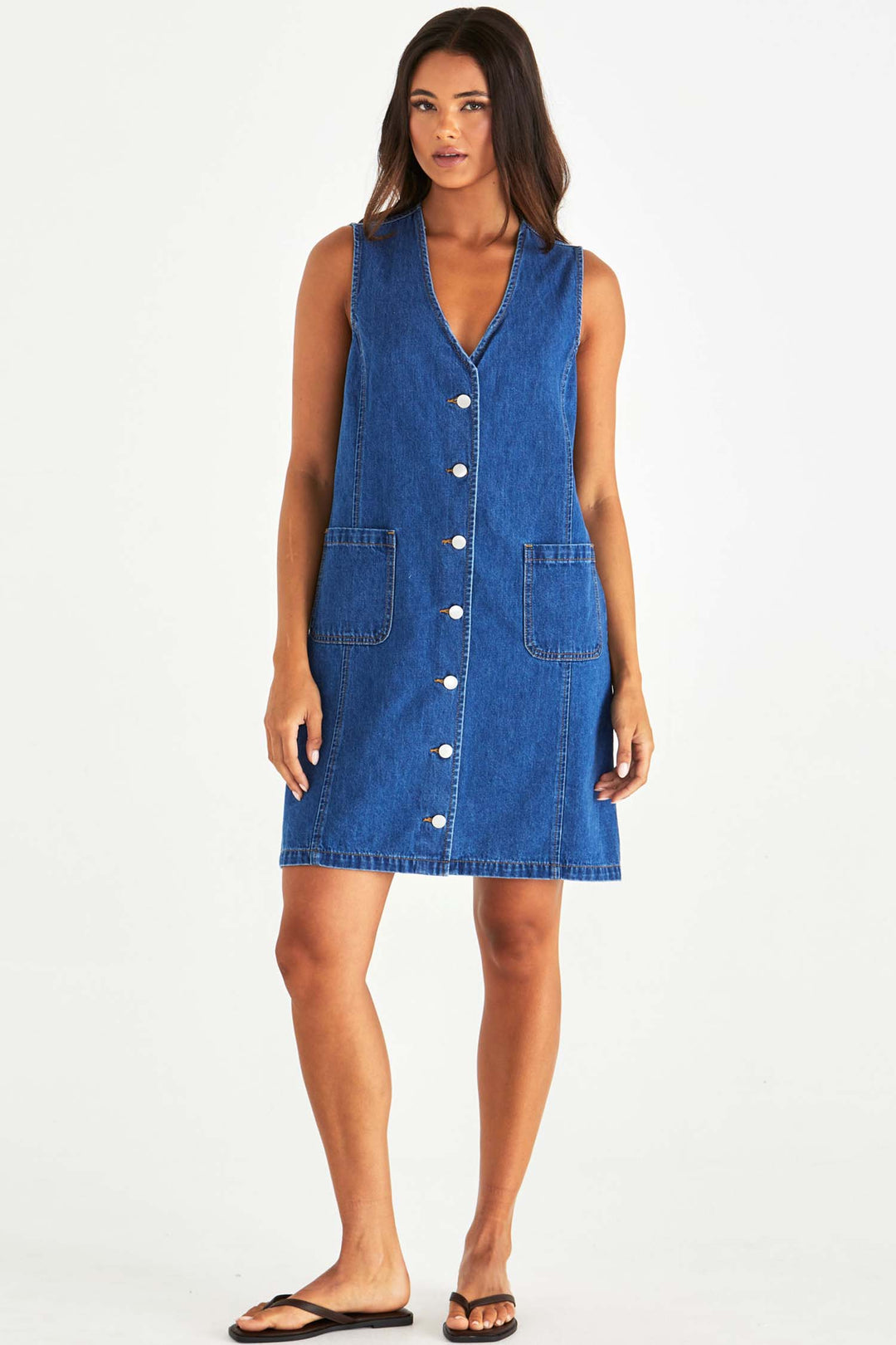Sabine Denim Vest Dress in Mid Blue Wash