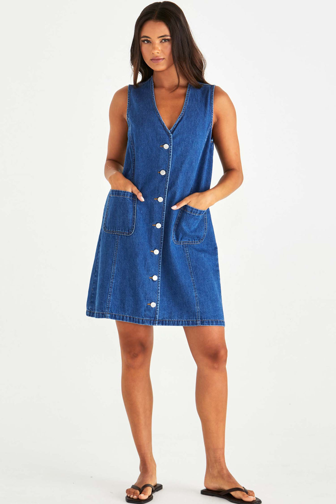 Sabine Denim Vest Dress in Mid Blue Wash