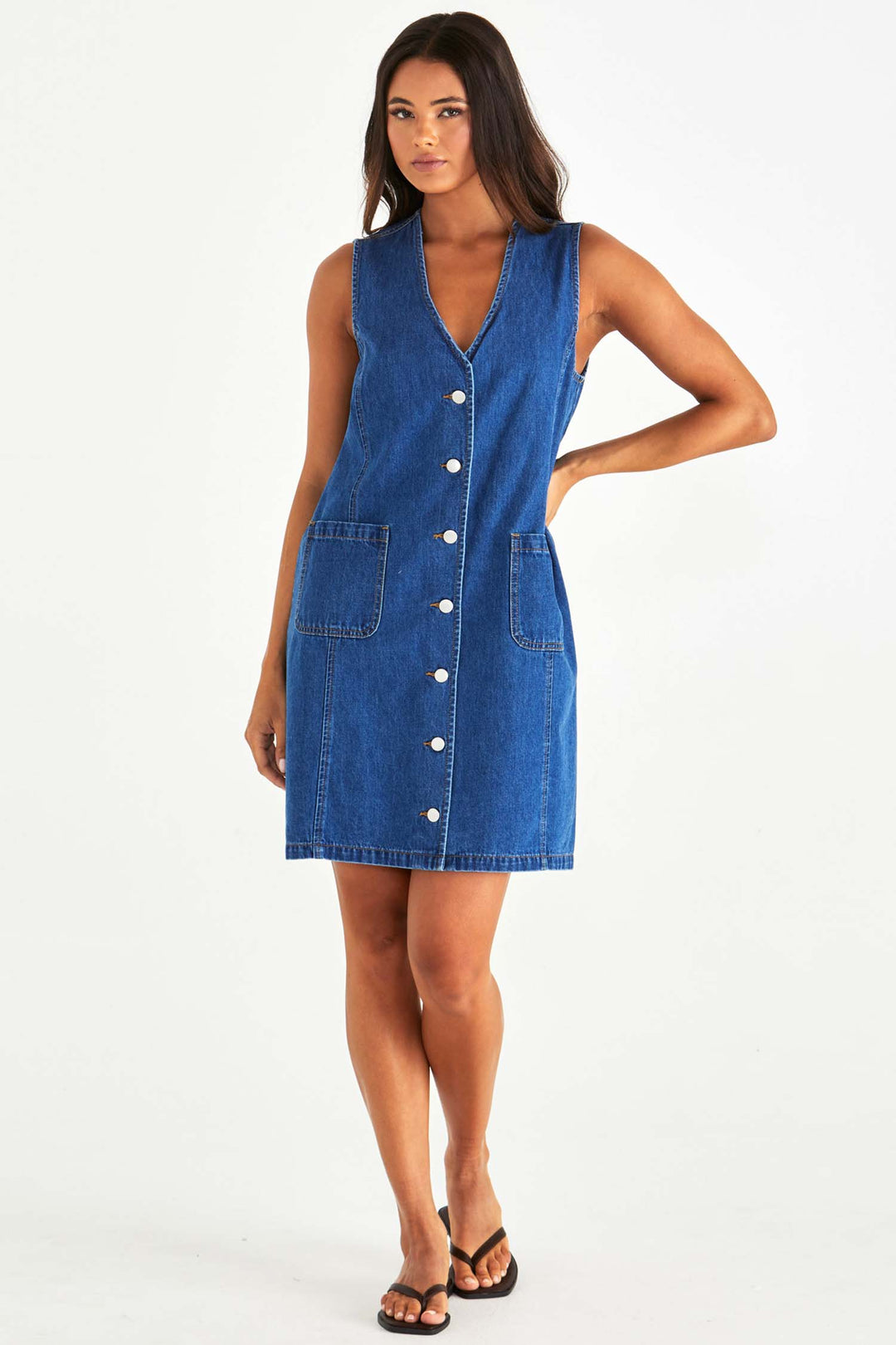 Sabine Denim Vest Dress in Mid Blue Wash