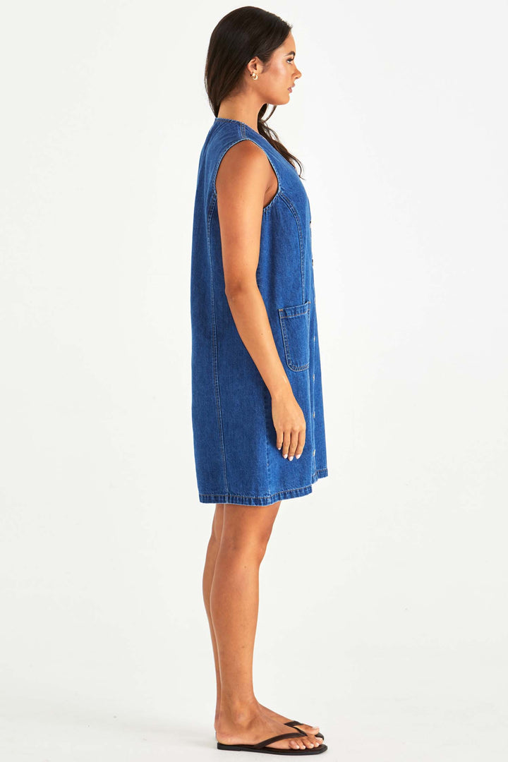 Sabine Denim Vest Dress in Mid Blue Wash