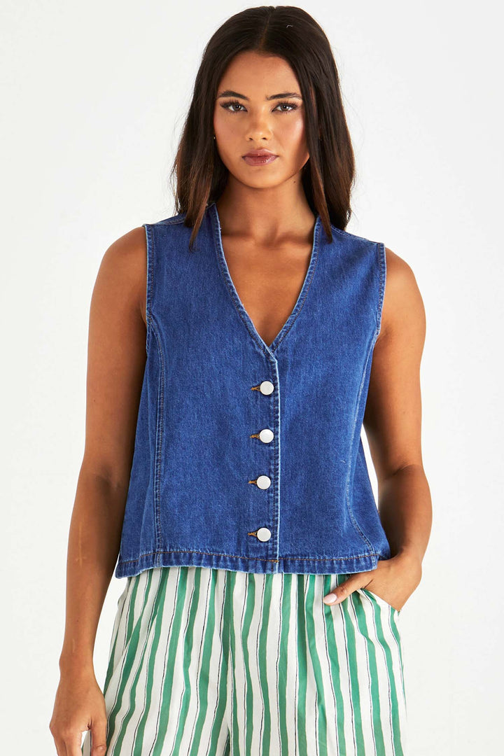 Sabine Denim Vest in Mid Wash Blue