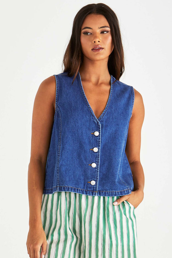 Sabine Denim Vest in Mid Wash Blue