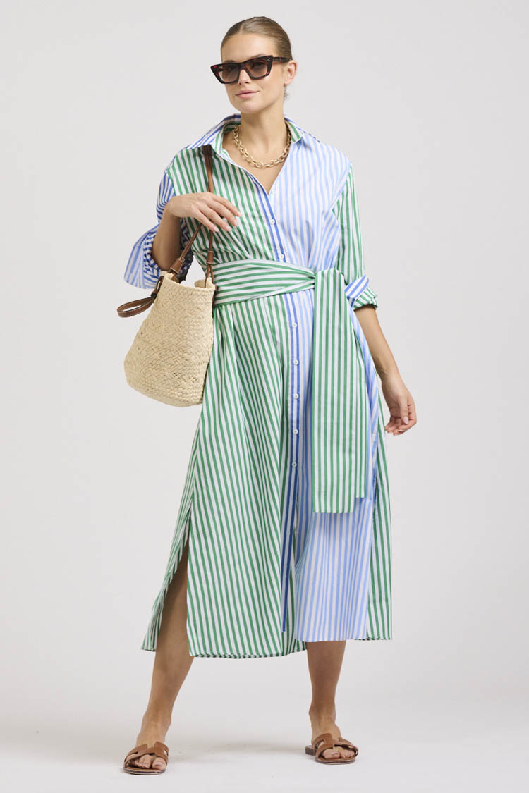 Luna Oversized Long Shirtdress in Blue Green Stripe
