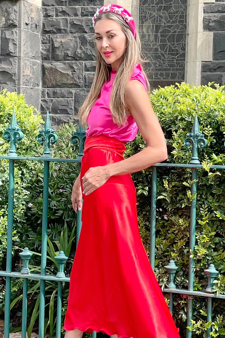 Two-Tone Camilla Dress in Hot Pink / Scarlet by Lucy Laurita Frockaholics at Momento Dezigns Two-Tone Camilla Dress in Hot Pink / Scarlet by Lucy Laurita Frockaholics at Momento Dezigns