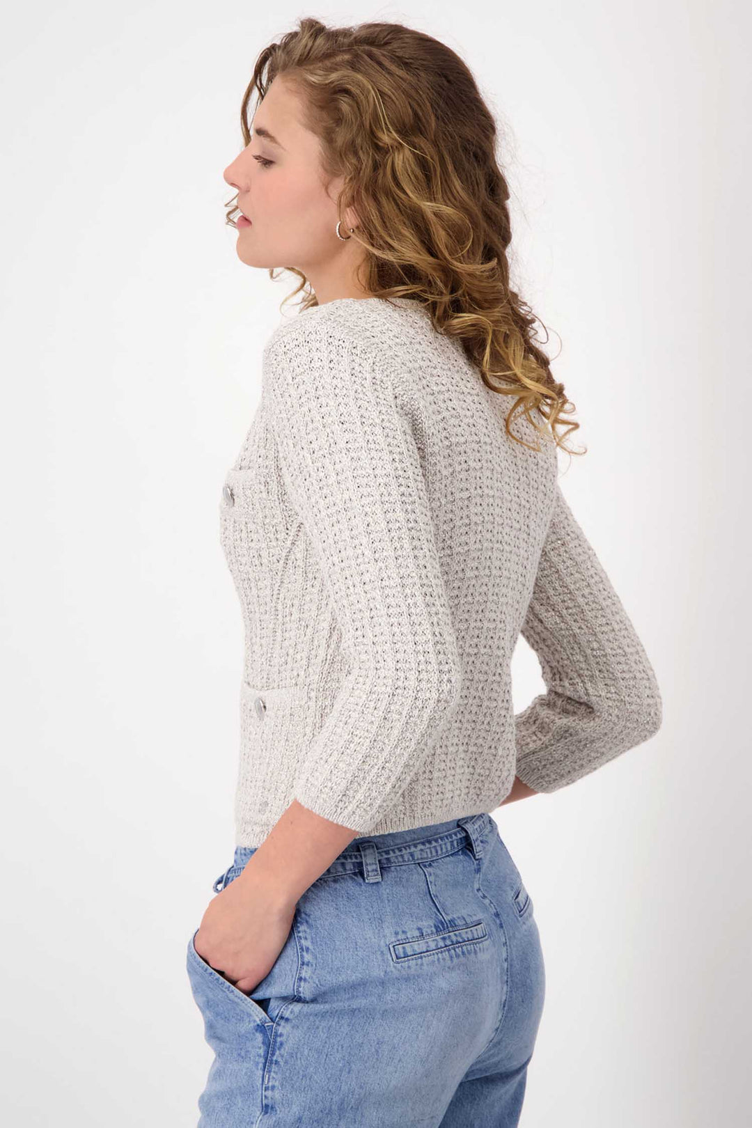 3/4 Sleeve Lurex Tweed Cardigan in Sand