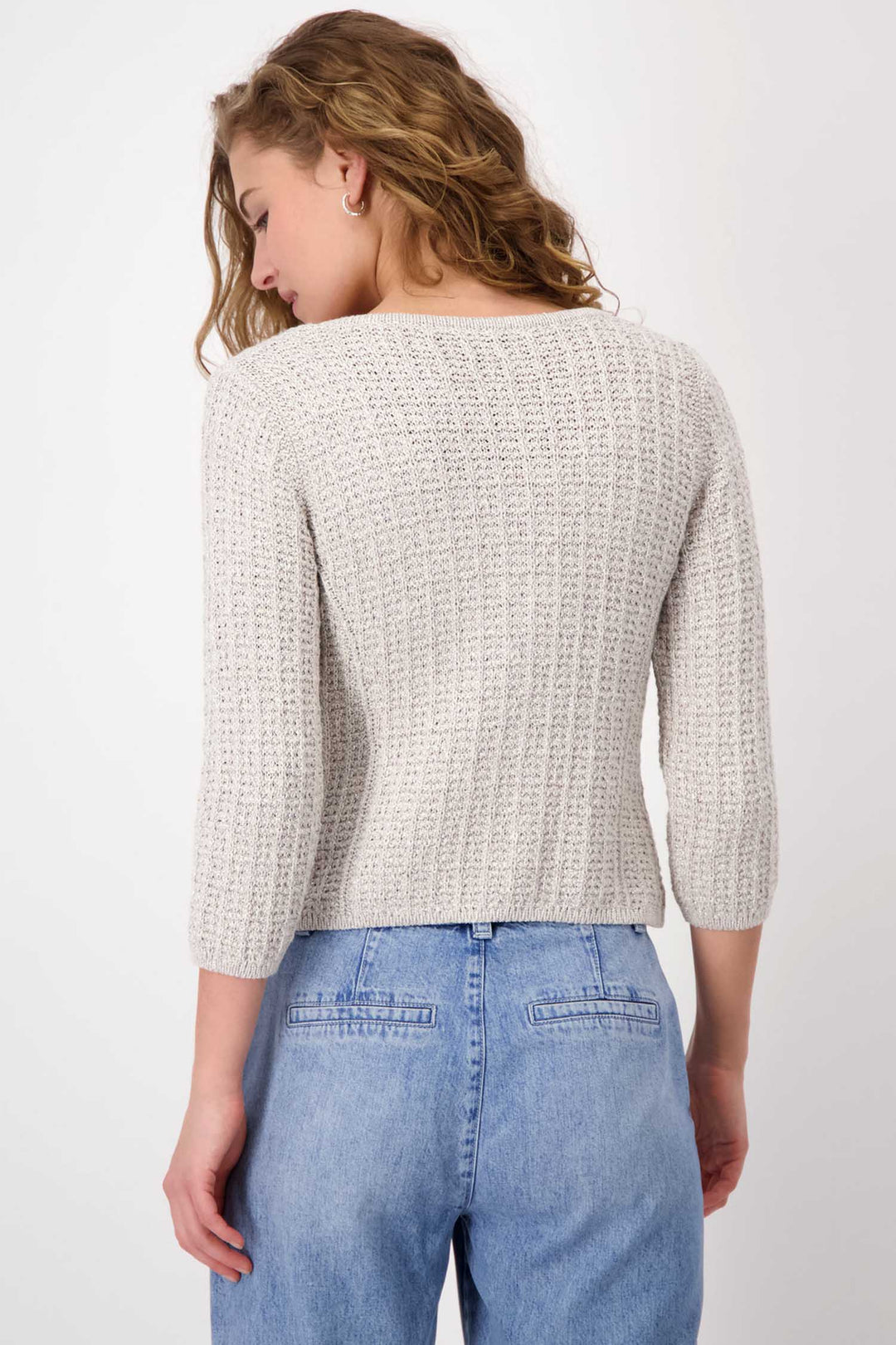 3/4 Sleeve Lurex Tweed Cardigan in Sand