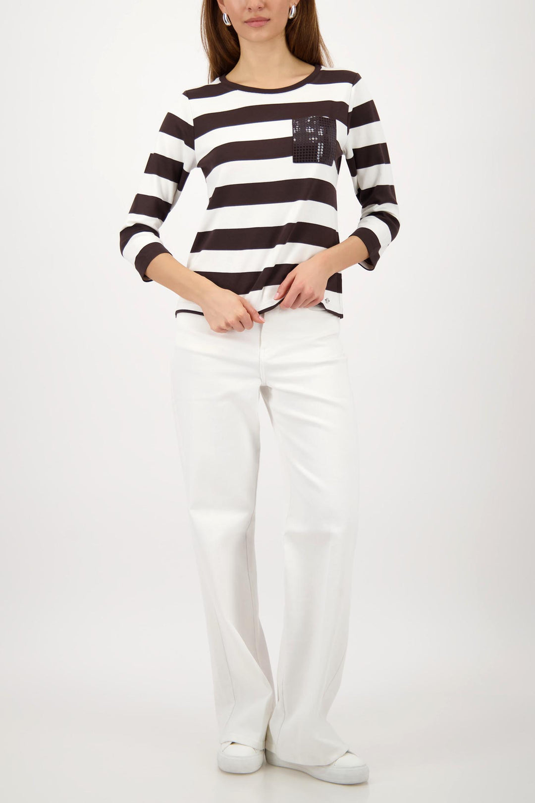 3/4 Tee w Sequin Pocket in Dark Chocolate Stripe