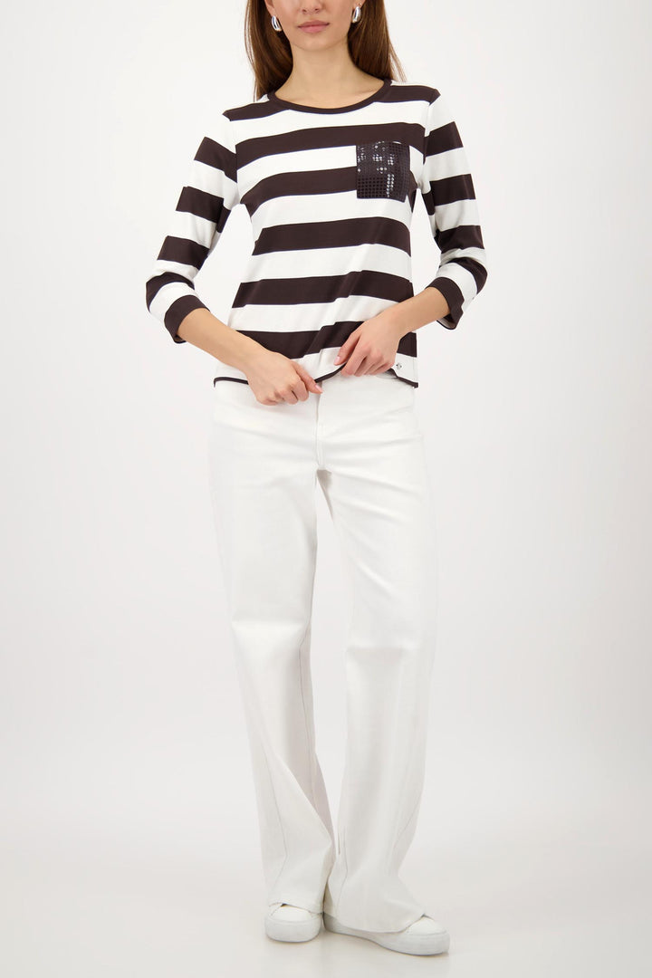 3/4 Tee w Sequin Pocket in Dark Chocolate Stripe