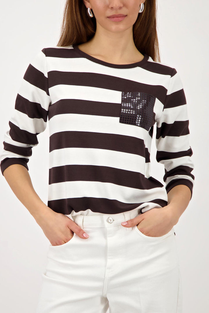 3/4 Tee w Sequin Pocket in Dark Chocolate Stripe