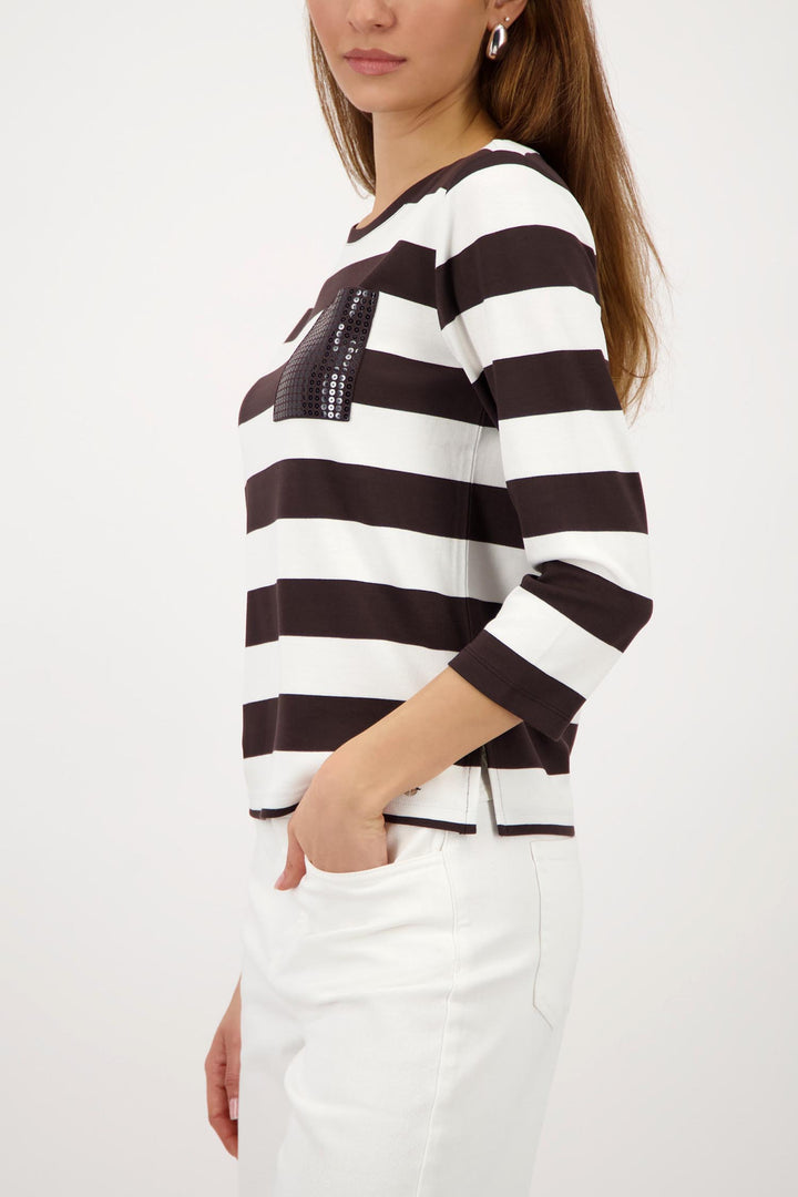 3/4 Tee w Sequin Pocket in Dark Chocolate Stripe