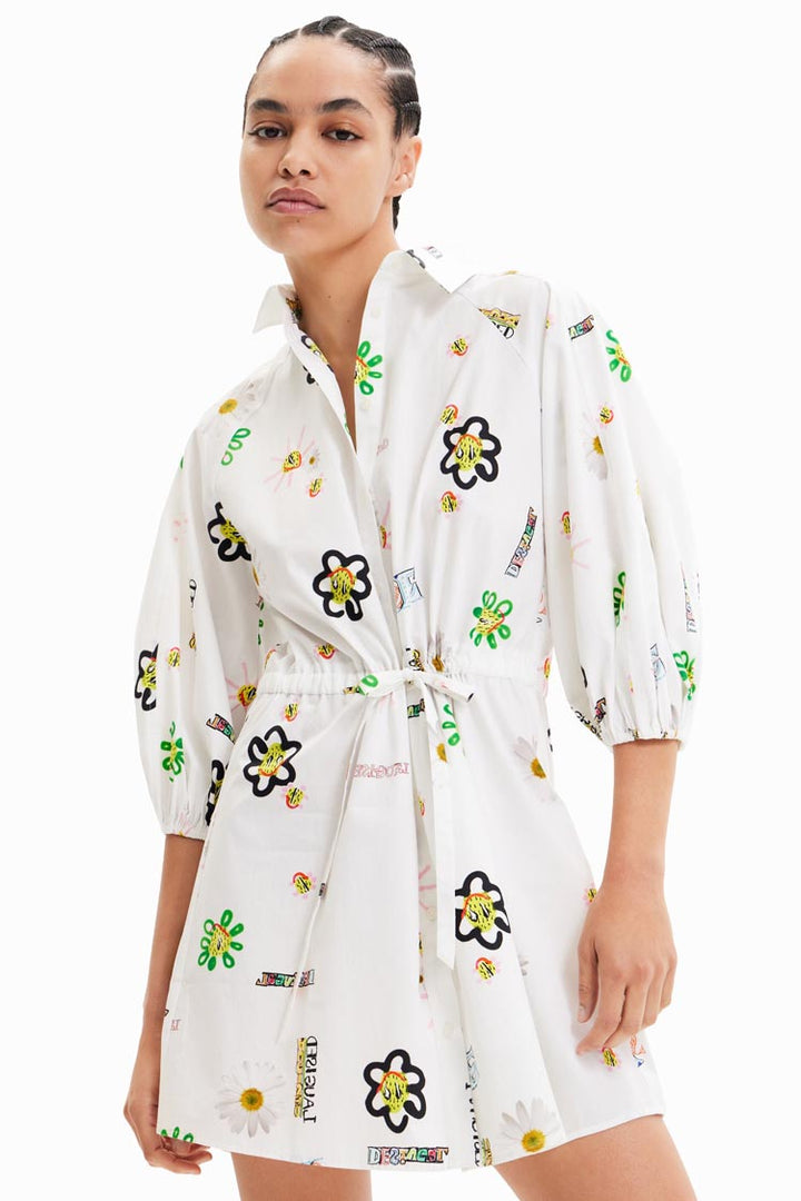 3/4 Sleeve illustrated Shirt Dress