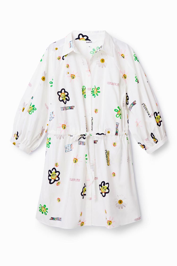 3/4 Sleeve illustrated Shirt Dress