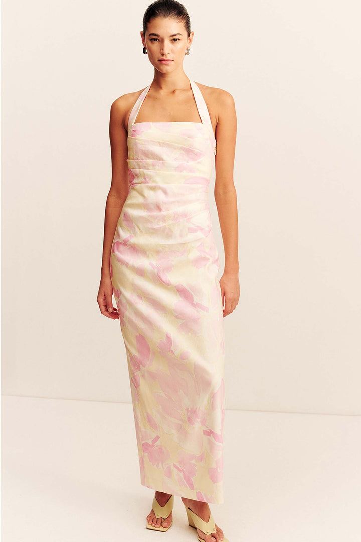 Addison Draped Halter Maxi Dress in Blush Daylily