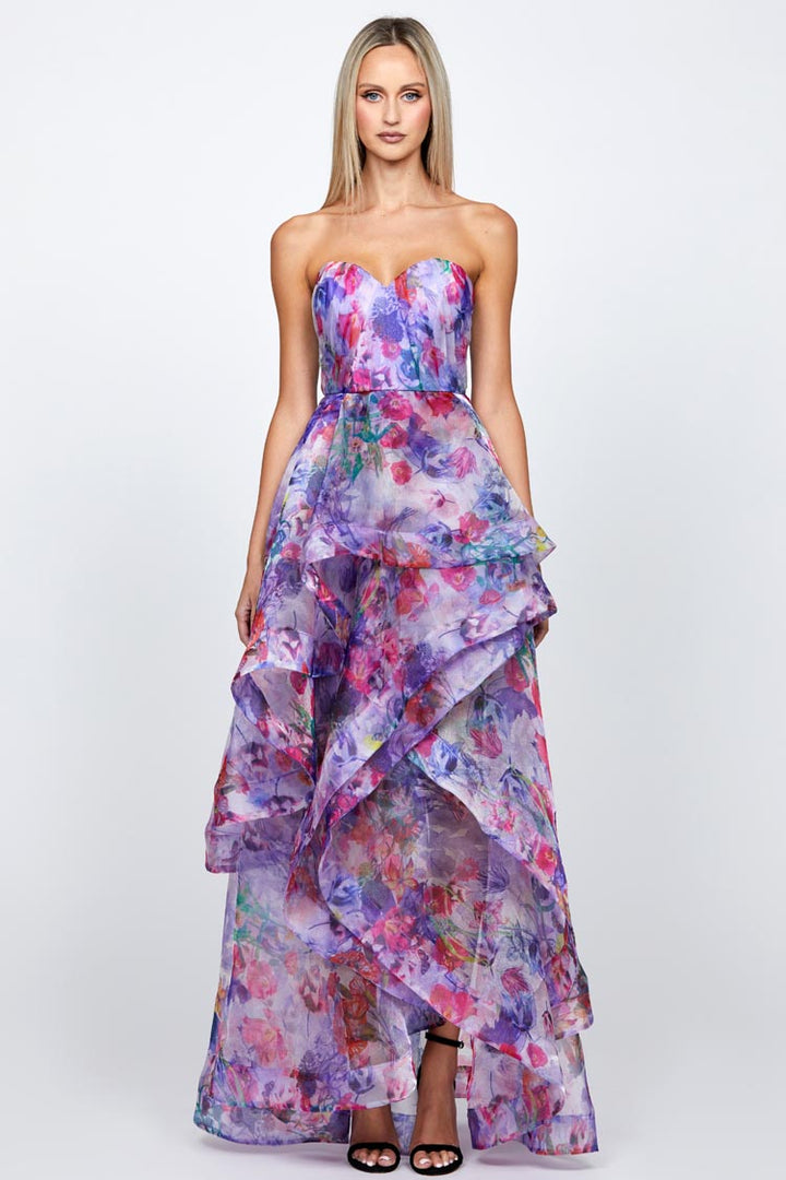 Adelaide Strapless Hi-Lo Gown in Lilac Print