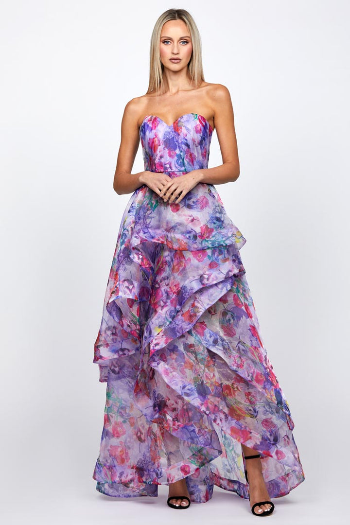 Adelaide Strapless Hi-Lo Gown in Lilac Print