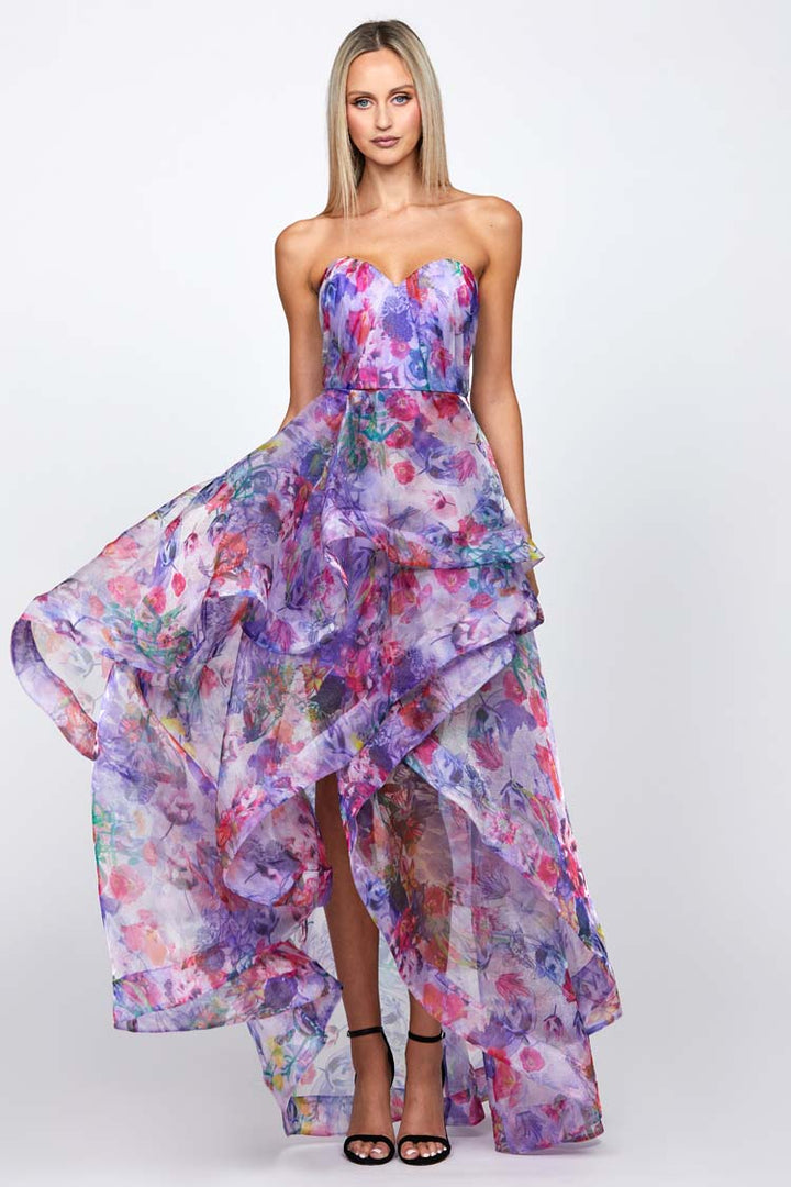 Adelaide Strapless Hi-Lo Gown in Lilac Print
