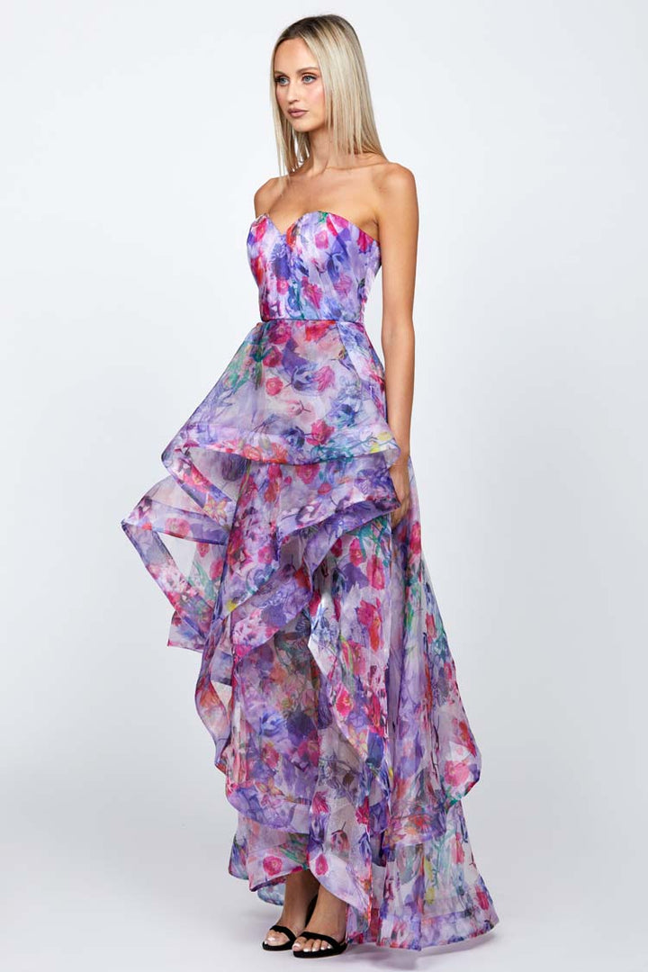 Adelaide Strapless Hi-Lo Gown in Lilac Print