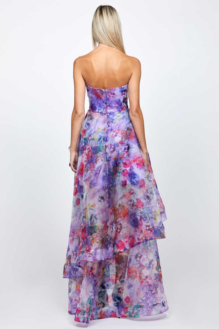 Adelaide Strapless Hi-Lo Gown in Lilac Print