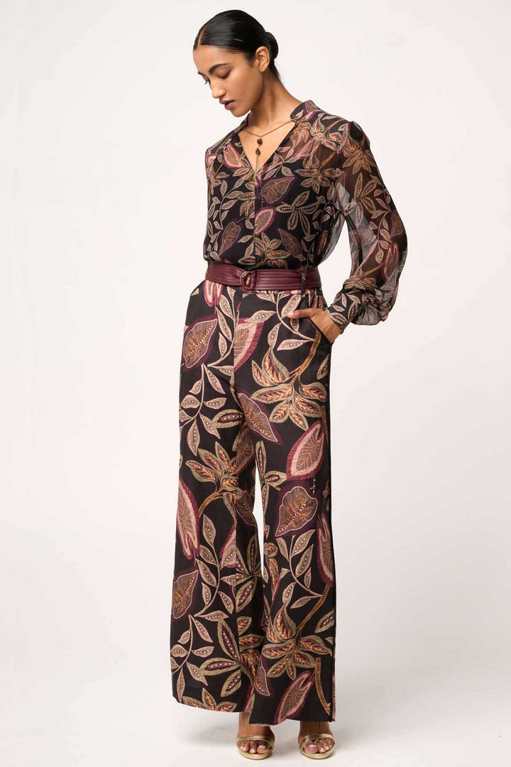 Adele Linen Belted Printed Pant in Dark Tropique