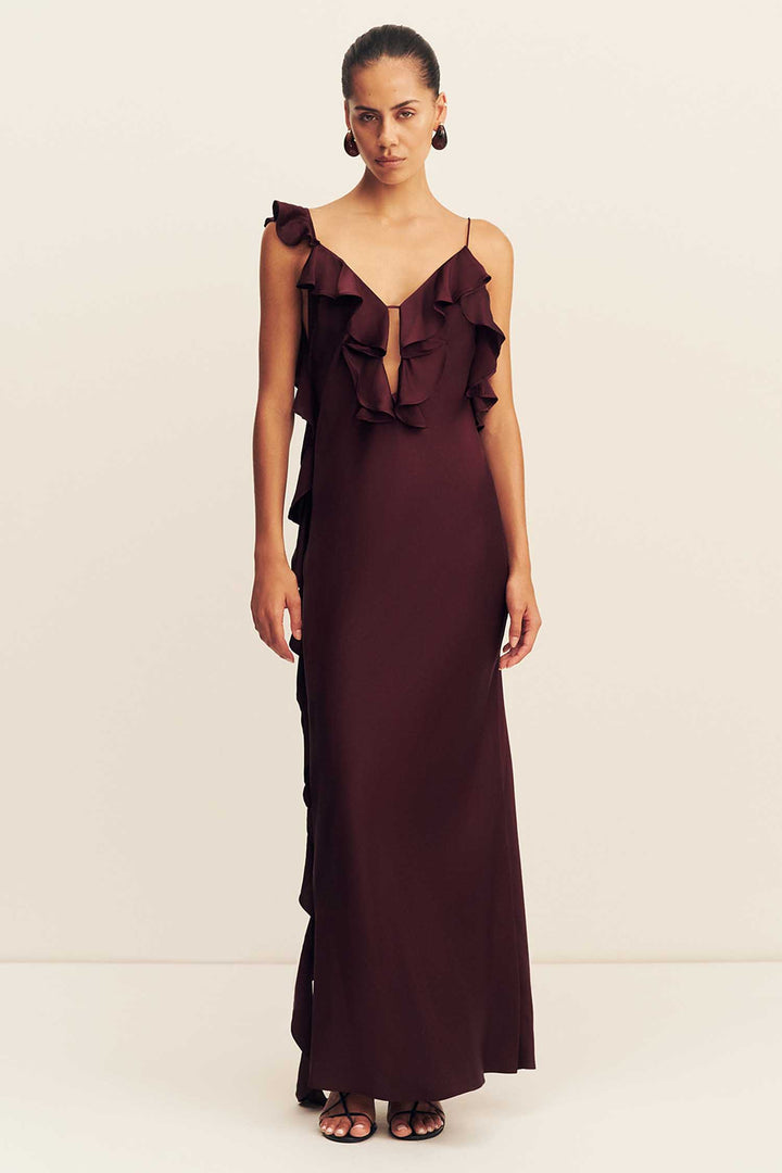 Agnes Ruffle Slip Maxi Dress in Wine Tasting