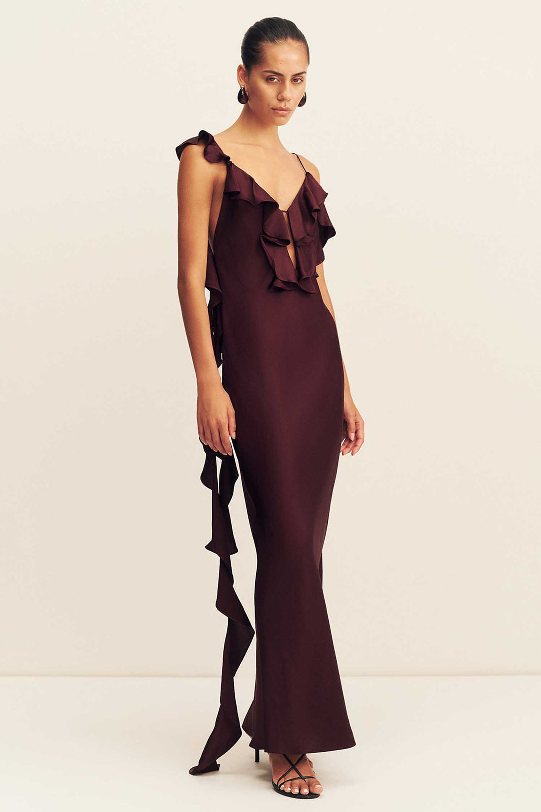 Agnes Ruffle Slip Maxi Dress in Wine Tasting