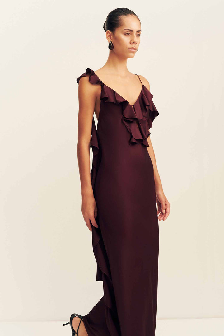 Agnes Ruffle Slip Maxi Dress in Wine Tasting