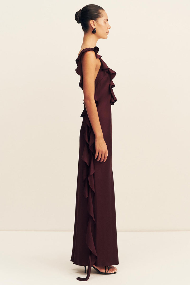 Agnes Ruffle Slip Maxi Dress in Wine Tasting