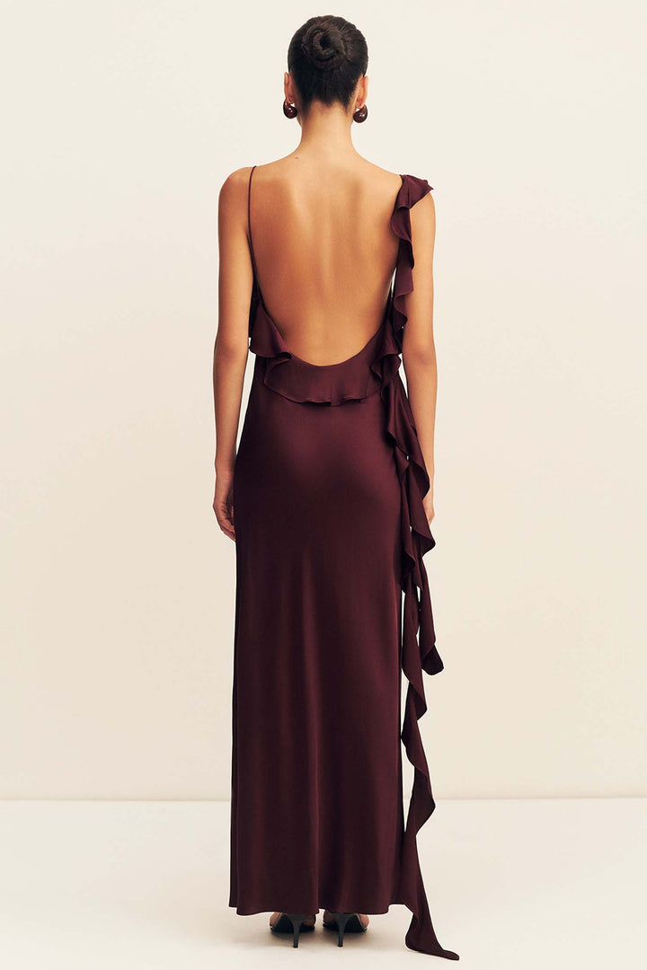 Agnes Ruffle Slip Maxi Dress in Wine Tasting