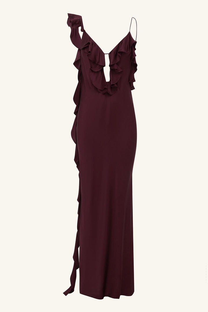 Agnes Ruffle Slip Maxi Dress in Wine Tasting