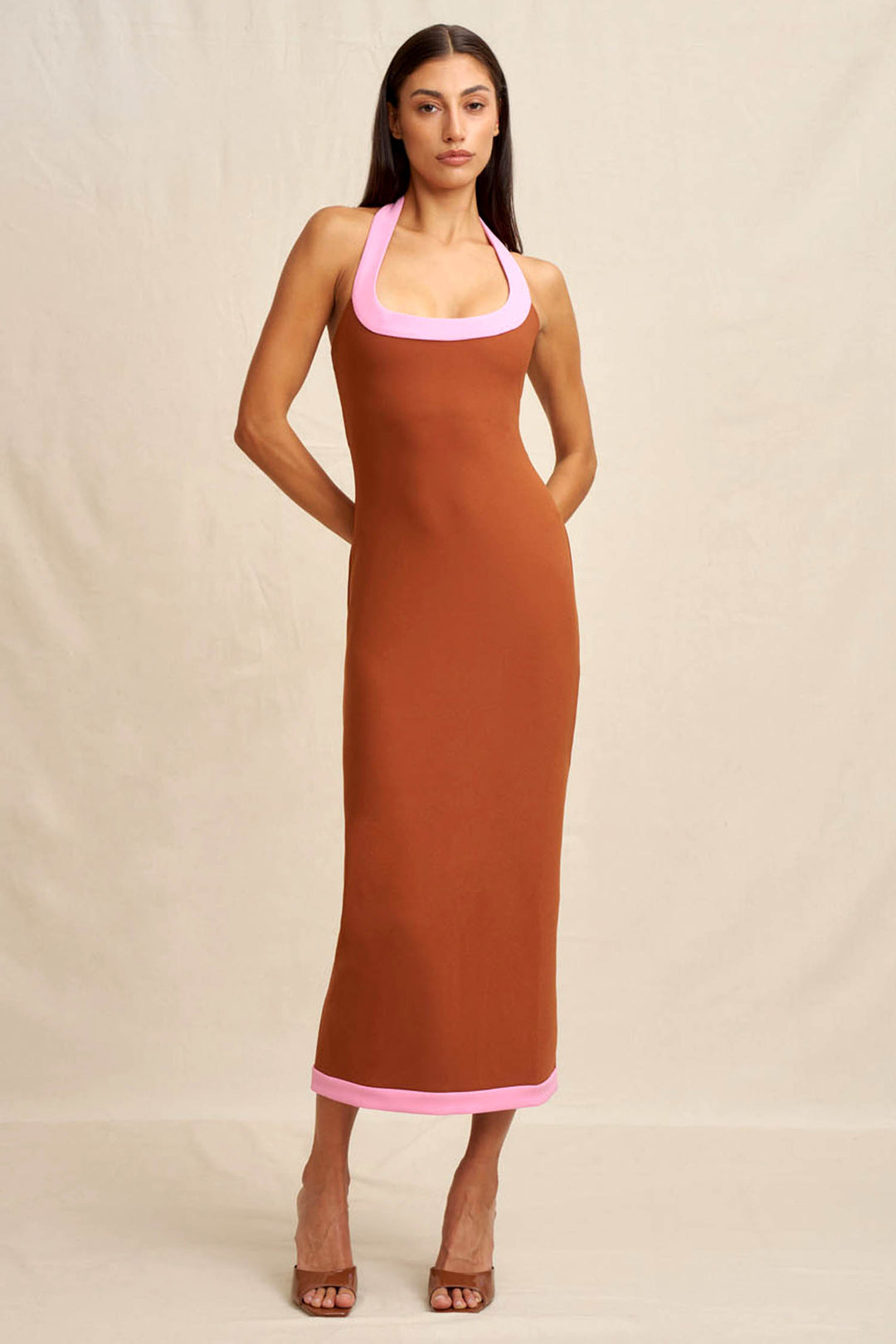 Alexa Halter Midi Dress in Rust Pink