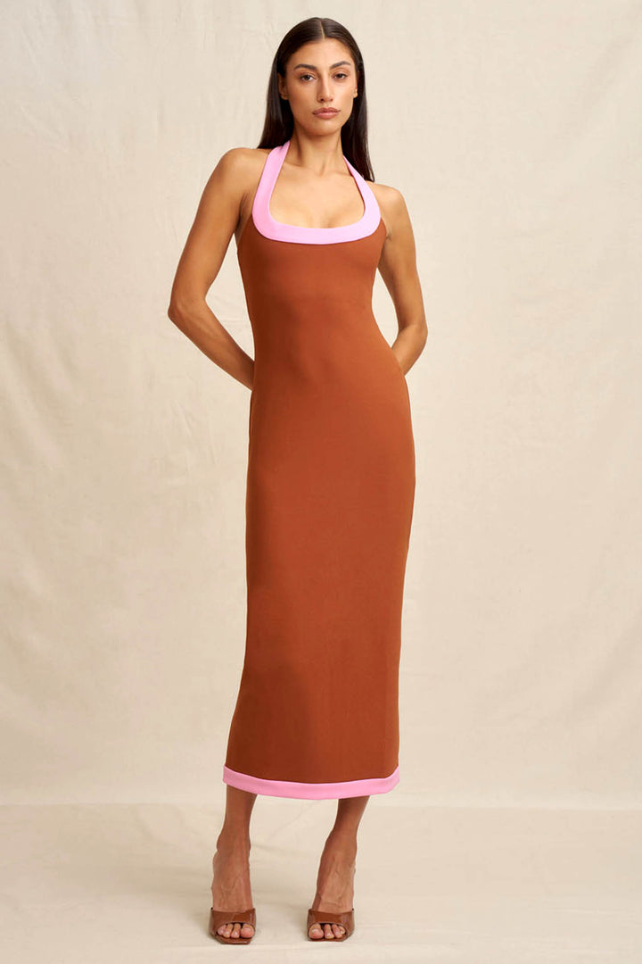 Alexa Halter Midi Dress in Rust Pink