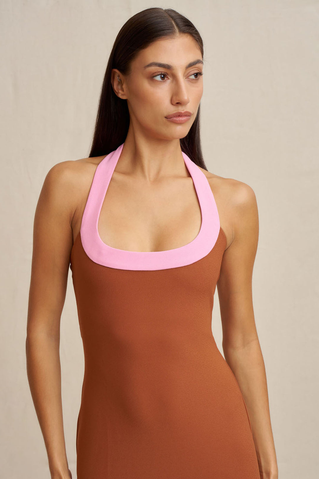 Alexa Halter Midi Dress in Rust Pink