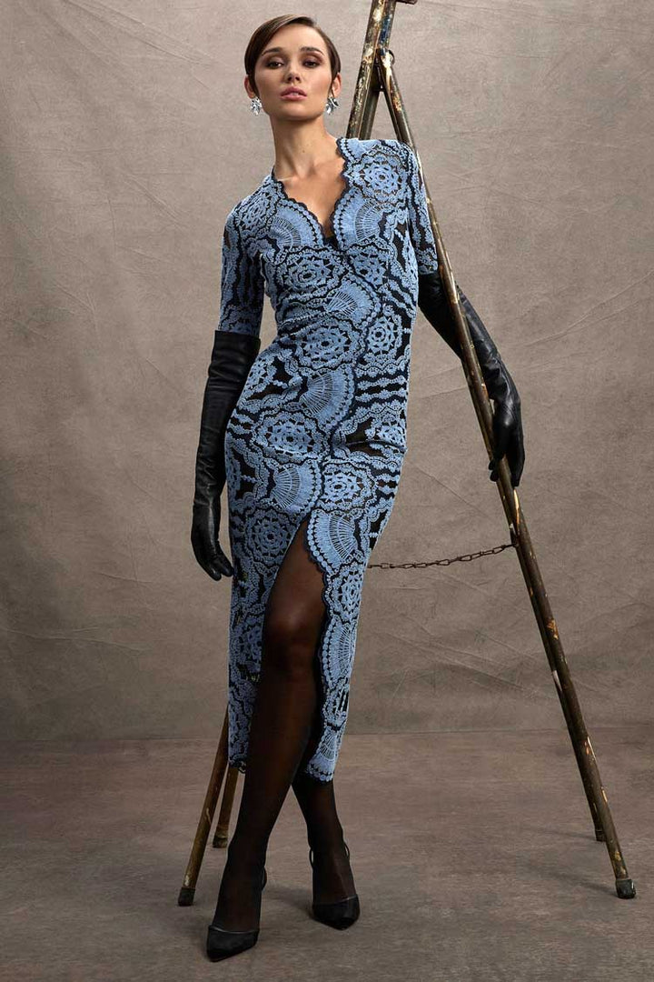 Alexa V-Neck Dress in Light Blue and Navy