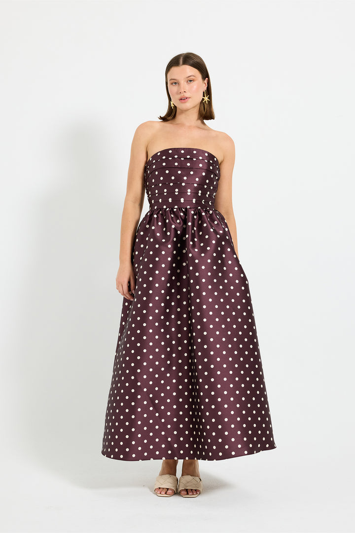 Alistair Strapless Midi Dress in Blackberry Spot