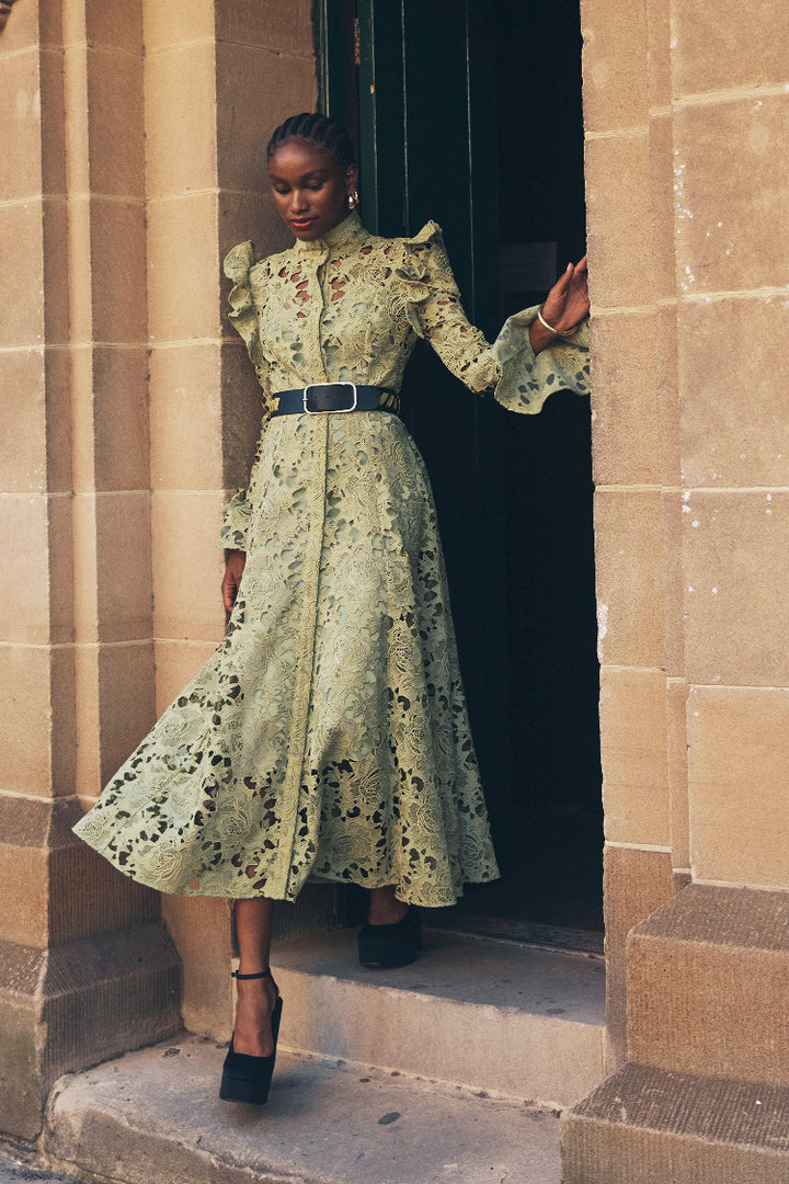 Aliyah Lace Butterfly Sleeve Midi Dress in Olive