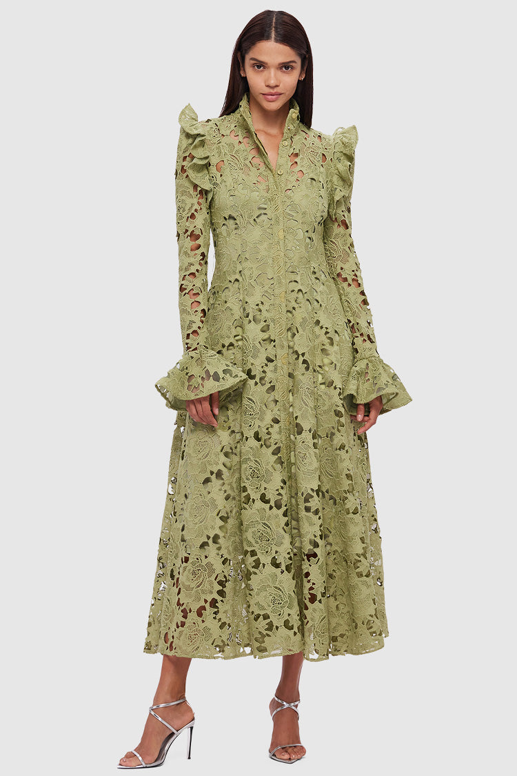 Aliyah Lace Butterfly Sleeve Midi Dress in Olive