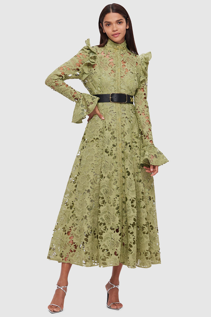 Aliyah Lace Butterfly Sleeve Midi Dress in Olive