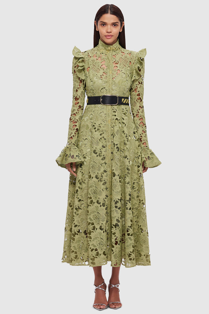 Aliyah Lace Butterfly Sleeve Midi Dress in Olive